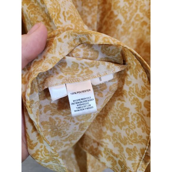 Loft Women's Beige Gold Floral Round‎ Neck Button Front Long Sleeve Blouse Sz XS - Picture 4 of 6